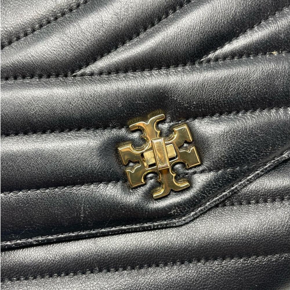 Tory Burch Kira Chevron Leather Top Handle Satchel 2 Way Shoulder Bag Black Gold - Picture 12 of 15